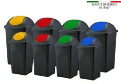 BigDean 3x Mülleimer groß 60L - schwarz - mit Schwingdeckel rot, grün & blau - aus Kunststoff - Müllsammler Abfalleimer Mülltonne Abfallbehälter - Made in Italy