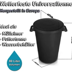 BigDean 2x wetterfeste Universaltonne mit Deckel und 2 stabilen Tragegriffen 80 Liter SCHWARZ - Regentonne Mülleimer - Indoor und Outdoor geeignet - Made in Europe