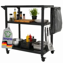 CHEFAGSTRO Grillwagen VULCAN Outdoor Servierwagen mit Rollen Küche Küchenwagen Metall Schwarz Wetterfest Grilltisch, 4 Lenkrollen mit Bremse, 3 Ablagen, 8 Haken, Müllbeutelhalter & Handtuchgriff