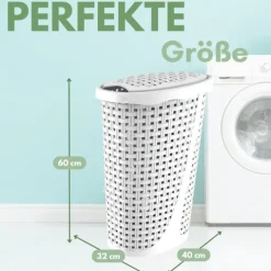 2er Set Wäschekorb mit Deckel Wäschesammler Plastik Wäschetonne Wäschetruhe weiß Wäschebox mit Deckel 31 x 40 x 60 cm 43 L Rattan Optik