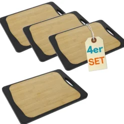 4er Set Schneidebrett Kunststoff und Bambus 2in1 Schneidbrett mit Anti-Rutsch Schneidebretter Küchenbrett Bambus Schneidebrett Schwarz Rutschfest mit Griffloch