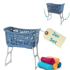 2er Set Wäschekorb mit Füßen Wäschewanne Wäschekorb mit Henkel und Beinen klappbarer Wäsche Korb groß Kunststoff Ständer 44 L