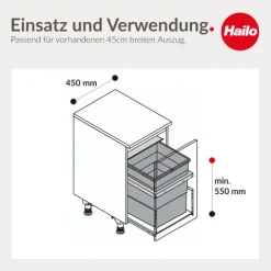 Hailo Abfallsammler 10000221 Triple XL Einbau-Abfalleinsatz 55 L Kunststoff/Metall dunkelgrau für 45 cm Schubkasten