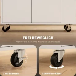 HOMCOM Kücheninsel Küchenwagen auf Rollen mit Arbeitsplatte, Schublade, Küchenschrank rollbar mit Einlegeboden, Gewürzregal, Handtuchstange, Servierwagen Küchentrolley Weiß