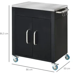 HOMCOM Küchenwagen mit Rollen, Servierwagen, Küchentrolley mit Schrank, Haken und Edelstahlgriffe, Rollwagen, Küchenhilfe, Schwarz, 86 x 50 x 86,5 cm