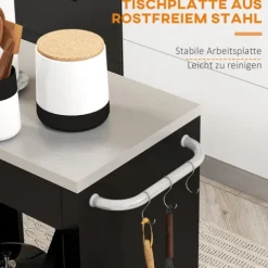 HOMCOM Küchenwagen mit Rollen, Servierwagen, Küchentrolley mit Schrank, Haken und Edelstahlgriffe, Rollwagen, Küchenhilfe, Schwarz, 86 x 50 x 86,5 cm