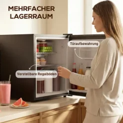 HOMCOM Mini Kühlschrank 44L/46 Dosen Kleiner Kühlschrank mit einstellbarem Thermostat, verstellbaren Einlegeböden, Innenbeleuchtung, Verstellbare Fußpolster für Schlafzimmer, Büro, Wohnheim, Schwarz