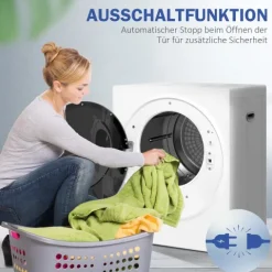 HOMCOM Mini Wäschetrockner 4 kg mit 4 Programme bis zu 65℃ 850W Freistehend Wandmontierbar Ablufttrockner mit 2 Heizstufen, Sterilisation, Edelstahltrommel Trockner für Kleidung Wohnmobile Weiß