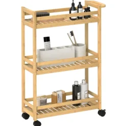 HOMCOM 3-stöckiger Servierwagen aus Bambus, Küchenwagen mit Rolle, Allzweckwagen mit Griff, Lagerwagen für Büro, Wohnzimmer, Küche, 55 x 20 x 75 cm, Naturholz