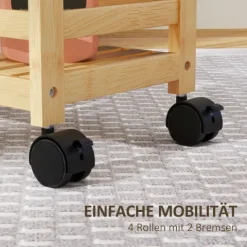 HOMCOM 3-stöckiger Servierwagen aus Bambus, Küchenwagen mit Rolle, Allzweckwagen mit Griff, Lagerwagen für Büro, Wohnzimmer, Küche, 55 x 20 x 75 cm, Naturholz