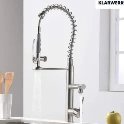 KLARWERK® Ben | Große Gastronomie Küchenarmatur Sillber gebürstet2 Brausen | Profi Edelstahl Wasserhahn Küche 2 Anschlüsse|Doppelspülbecken Restaurant