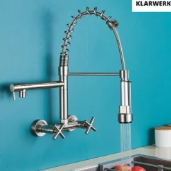KLARWERK® Björn | Gastronomie Armatur Wandmontage Silber | Profi Küchenarmatur Edelstahl Zwei Brausen Feder | Doppelspülbecken Wasserhahn Restaurant