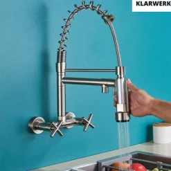 KLARWERK® Björn | Gastronomie Armatur Wandmontage Silber | Profi Küchenarmatur Edelstahl Zwei Brausen Feder | Doppelspülbecken Wasserhahn Restaurant