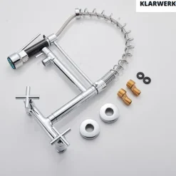 KLARWERK® Björn | Gastronomie Armatur Wandmontage Chrom | Profi Küchenarmatur Edelstahl Zwei Brausen Feder | Doppelspülbecken Wasserhahn Restaurant