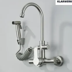 KLARWERK® Julie | Gastronomie Armatur Wandmontage Schwarz | Edelstahl Profi Küchenarmatur mit Handbrause | Mischer Wasserhahn 2 Brausen hoher Auslauf