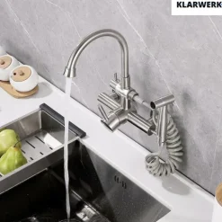 KLARWERK® Julie | Gastronomie Armatur Wandmontage Schwarz | Edelstahl Profi Küchenarmatur mit Handbrause | Mischer Wasserhahn 2 Brausen hoher Auslauf