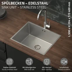 ML-Design Spülbecken Edelstahl 50 x 40 cm, Küchenspüle Rechteckig, 1 Becken, Einbauspüle Unterbauspüle, Edelstahlspüle mit Ab- und Überlaufgarnitur, Einzelbecken mit Siphon, Waschbecken Küche Spüle