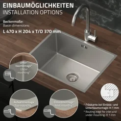ML-Design Spülbecken Edelstahl 50 x 40 cm, Küchenspüle Rechteckig, 1 Becken, Einbauspüle Unterbauspüle, Edelstahlspüle mit Ab- und Überlaufgarnitur, Einzelbecken mit Siphon, Waschbecken Küche Spüle