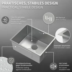 ML-Design Spülbecken Edelstahl 50 x 40 cm, Küchenspüle Rechteckig, 1 Becken, Einbauspüle Unterbauspüle, Edelstahlspüle mit Ab- und Überlaufgarnitur, Einzelbecken mit Siphon, Waschbecken Küche Spüle