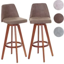 PROREGAL 2er-Set Barhocker drehbar mit Lehne Sitzhöhe 73cm Holz Textil drehbar Vintage Braun helle Beine Barstuhl Tresenhocker