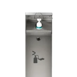 PROREGAL Robuster Handdesinfektionsspender Mit Hubmechanismus Bodenmontage HxBxT 115 x 18 x 13 cm Edelstahl Silber