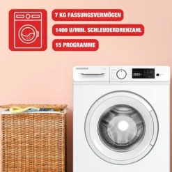 Telefunken Waschmaschine 7kg Frontlader 1400 U/Min. Inverter Motor Schontrommel 15 Programme W714A1W weiß