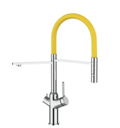3 Wege Wasserhahn Küchenarmatur, BOD, mit 360° schwenkbarem Auslauf, abnehmbare 2 strahl Handbrause, Verchromt / Gelb