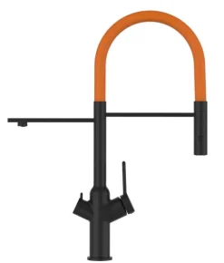 3 Wege Wasserhahn Küchenarmatur, BOD, mit 360° schwenkbarem Auslauf, abnehmbare 2 strahl Handbrause, Schwarz Matt / Orange