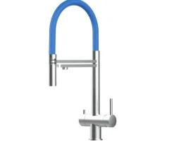 3 Wege Wasserhahn Küchenarmatur, Edelstahl Massiv mit 360° schwenkbarem Auslauf, abnehmbare 2 strahl Handbrause, Gebürstet / Blau